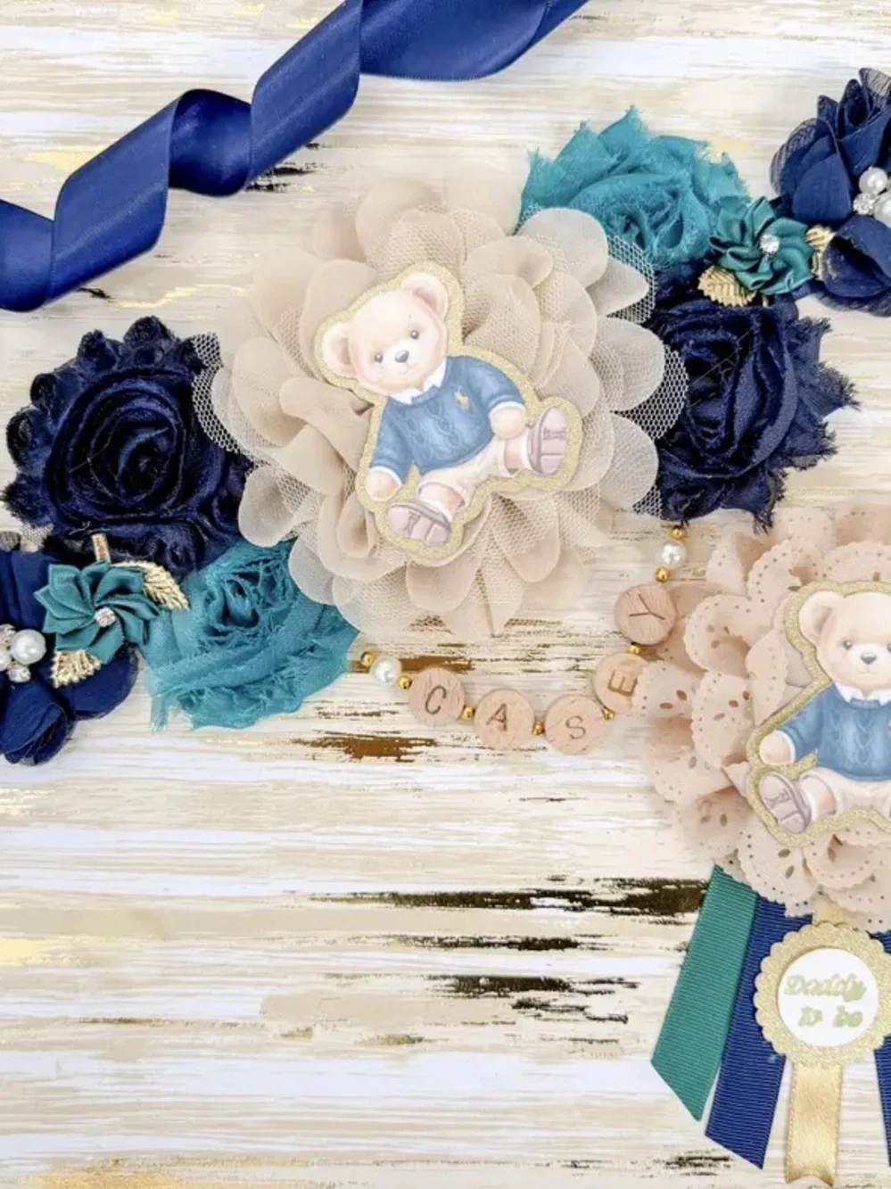 Navy and Green baby shower Sash set for Mommy and Daddy to be